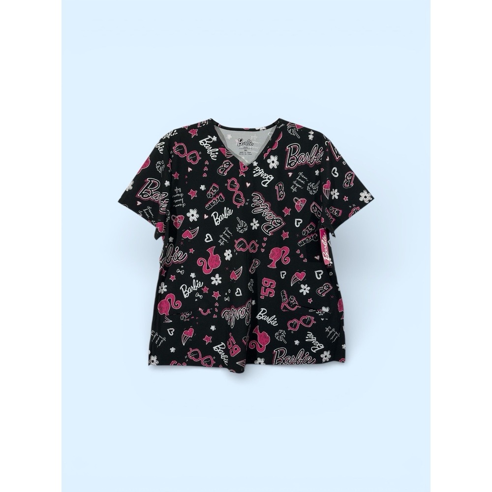 BARBIE SCRUB Nurse Top for‎ Women Shirt Black Pink 2X 2 Pockets NEW+Tag 2025